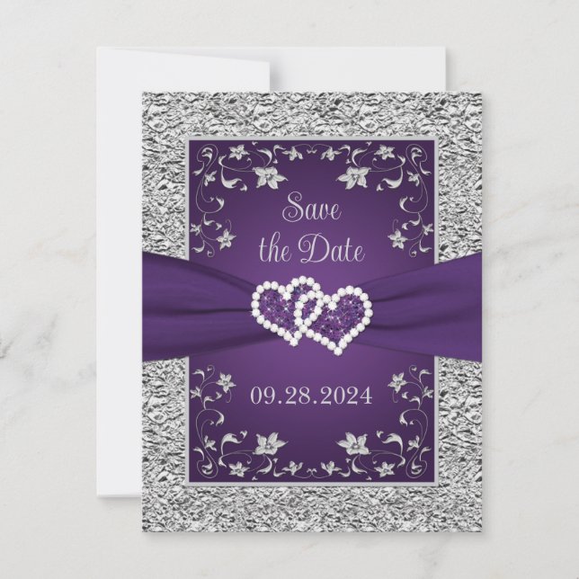 Carte Purple, Grey Love Coeurs Mariage Enregistrer la da (Devant)