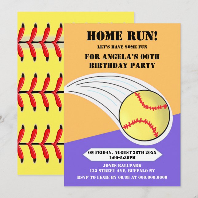 Carte Purple Home Run Softball Anniversaire (Devant / Derrière)