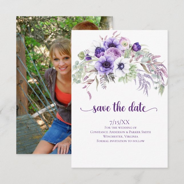 Carte Purple Lavender White Floral Photo Enregistrer la  (Devant / Derrière)