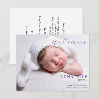 Carte Purple Minimalist Photo Baby Announcement Card