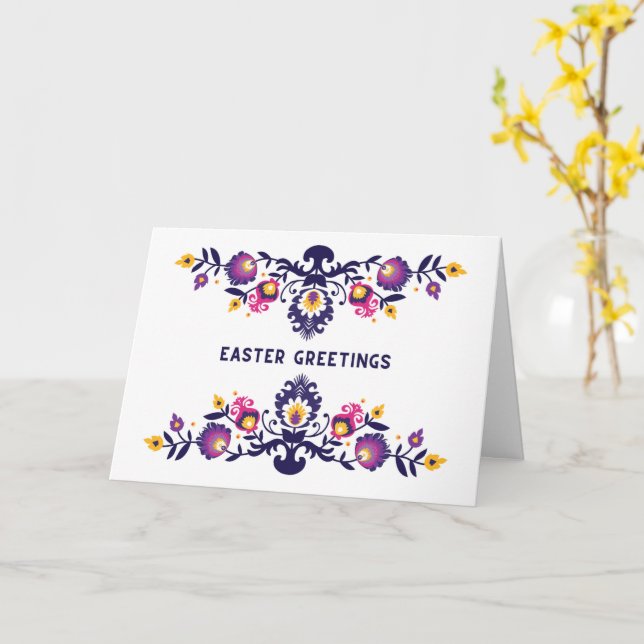 Carte Purple Pâques Salutations Folklore Texte personnal (Fleur jaune)