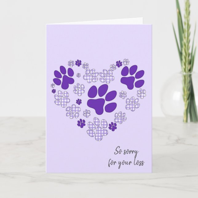 Carte Purple Pawprint Coeur pour la perte de l'animal (Devant)