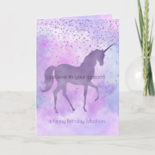 Carte Purple Stars Confetti Watercolor Unicorne Annivers