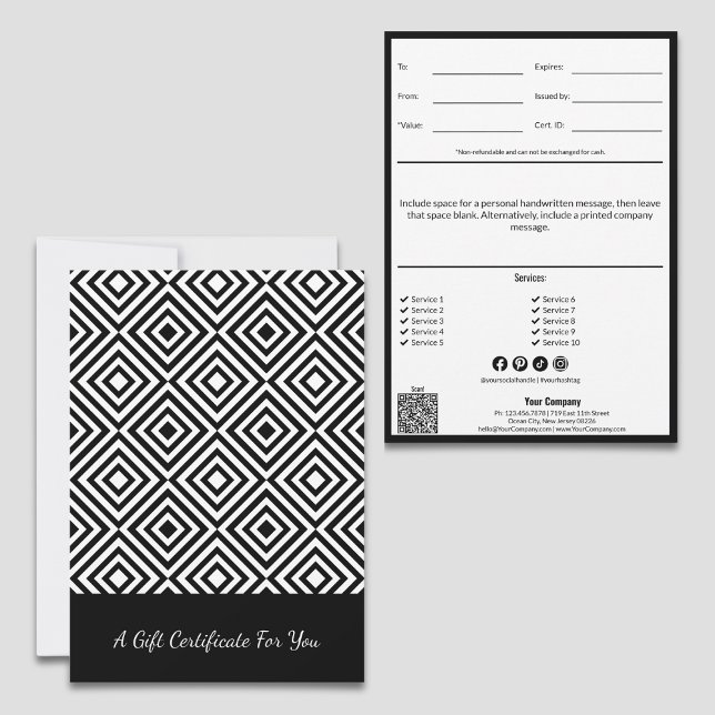 Carte QR Code Service Note Black White Certificat cadeau (QR Code Service Note Black White Gift Certificate: Personal Note, Tracking, List, Social Media)
