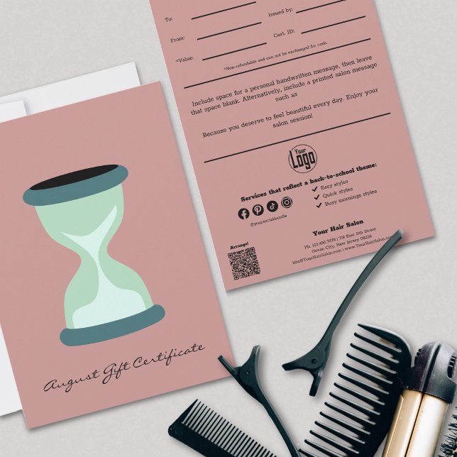 Carte QR Code Services Note Août Certificat cadeau (Hairstylist QR Code Services Note August Gift Certificate, Back to School, Hourglass)