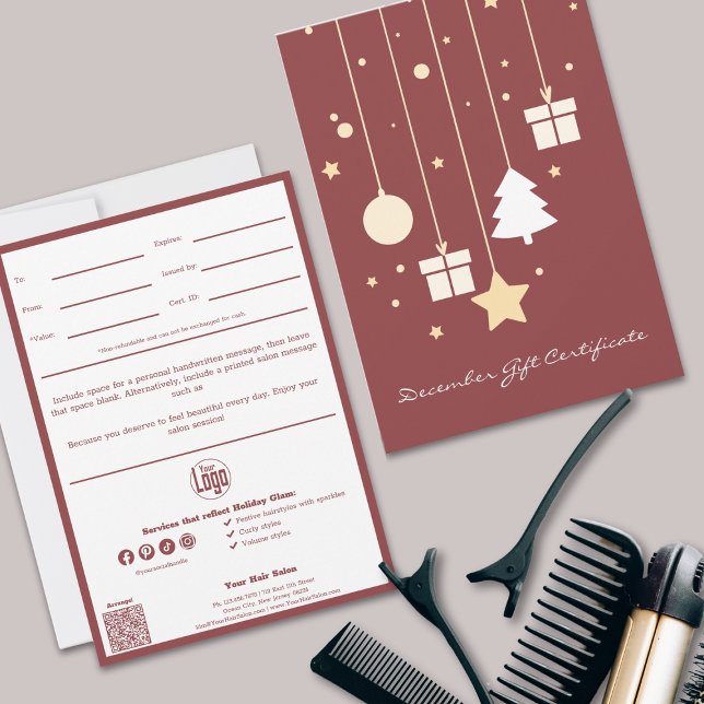Carte QR Code Services Note Décembre Certificat cadeau (QR Code Services Note December Gift Certificate, Smoky Topaz & White, Hairstylist Holiday Glam)