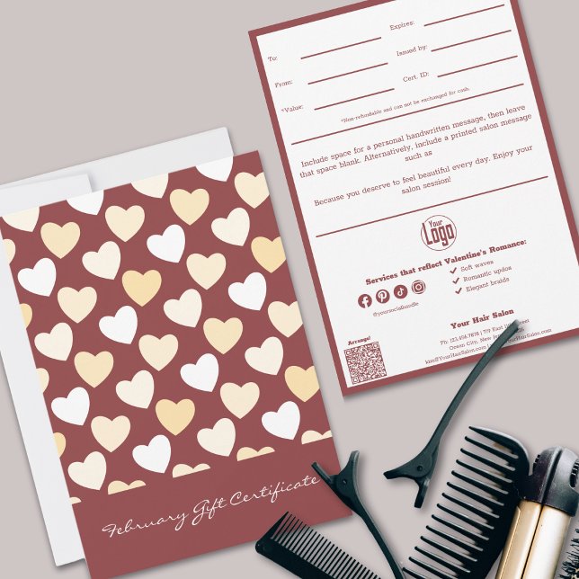Carte QR Code Services Note Février Certificat cadeau (QR Code Services Note February Gift Certificate, Smoky Topaz & White, Heart Pattern)