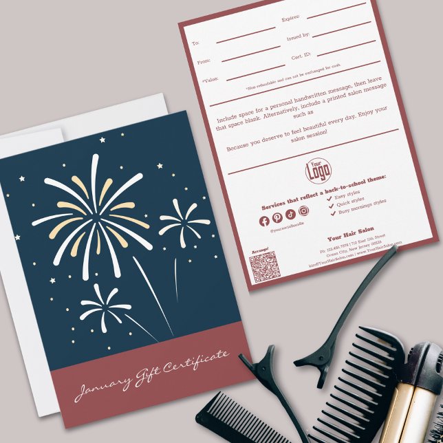 Carte QR Code Services Note Janvier Certificat cadeau (QR Code Services Note January Gift Certificate, Hairstylist Services: New Year New Look)