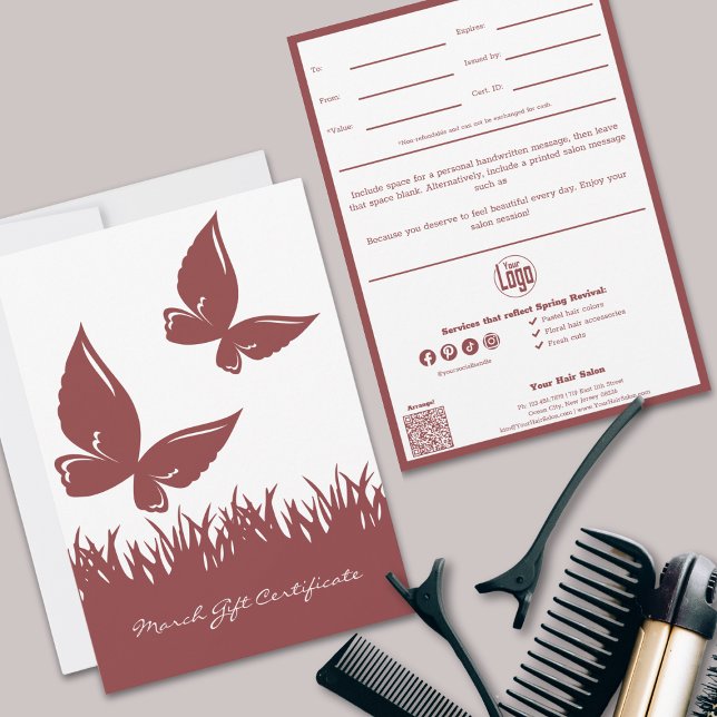 Carte QR Code Services Note mars Certificat cadeau (QR Code Services Note March Gift Certificate, Smoky Topaz White, Butterflies)