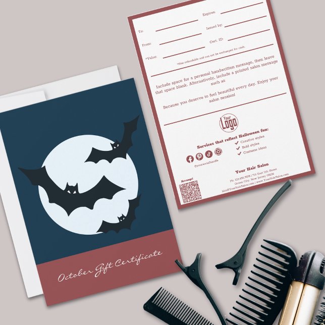 Carte QR Code Services Note Octobre Certificat cadeau (Modern QR Code Services Note October Gift Certificate, Bats and Full Moon)