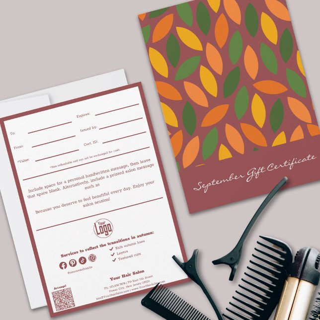 Carte QR Code Services Note Septembre Certificat cadeau (QR Code Services Note September Gift Certificate, Colorful Autumn Leaves)