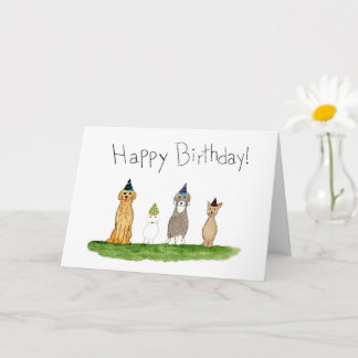Carte Quatre chiens en chapeaux de fête d'anniversaire