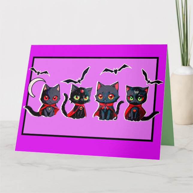 Carte Quatre Cubes Éffrayant Halloween Vampire Kittens (Devant)