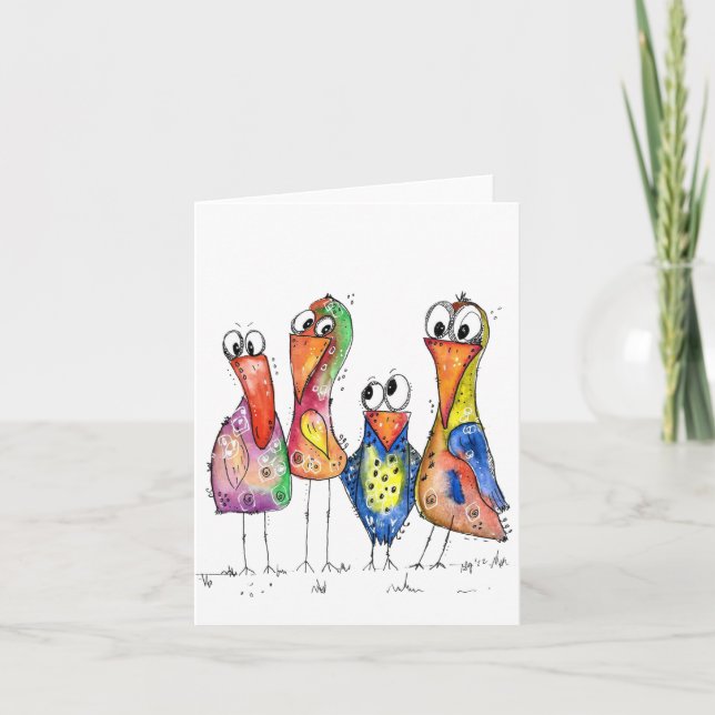 Carte Quatre oiseaux fantaisistes mignons (Devant)
