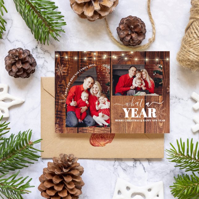 Carte Quel an Collage photo multiple Noël Rustique (What a Year Multi Photo Collage Christmas Rustic Card happy new year farmhouse)