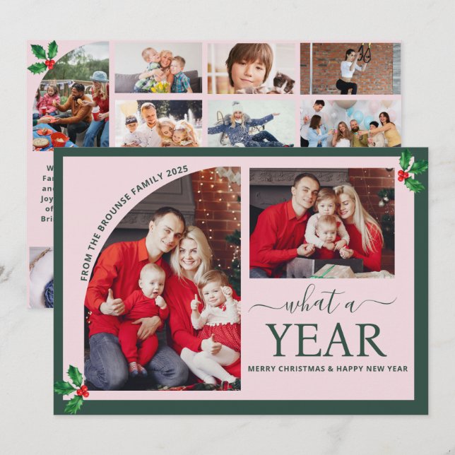Carte Quel an de collage photo multiple Noël rose (Devant / Derrière)