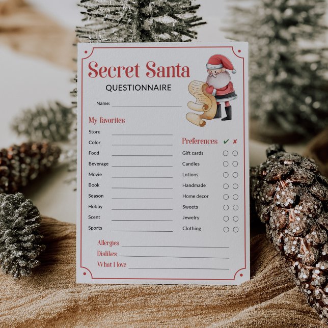 Carte Questionnaire Père Noël Secret pour carte-cadeau (Secret Santa Questionnaire)