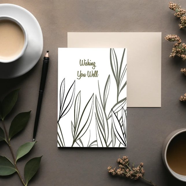 Carte Quiet Reeds — Minimal Get Well Card (Minimal botanical get well card front page with reeds and “Wishing You Well” message.)