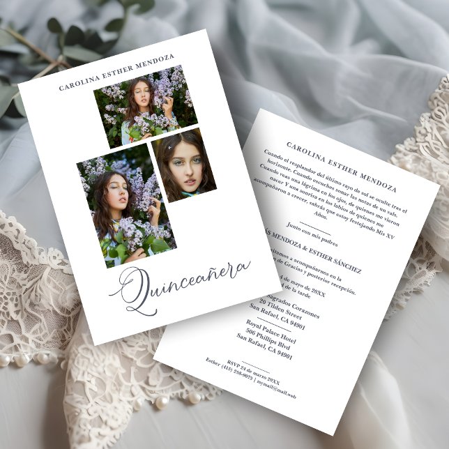 Carte Quinceañera espagnol 3 Photos Collage (Minimalist Quinceañera Spanish 3 Photos Collage Invitation.)