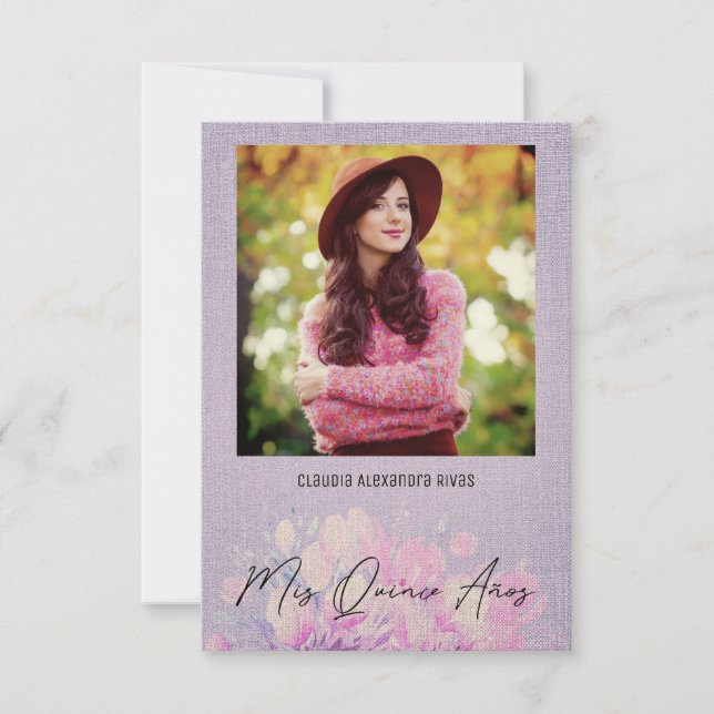 Carte Quinceañera Español Floral Textil Textura Morado (Devant)