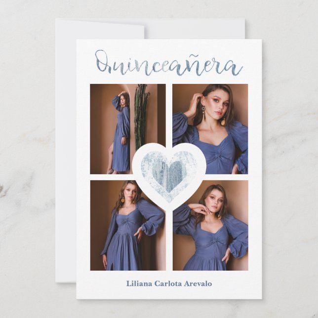 Carte Quinceañera Español Tencia Corazón Azul 4 photos (Devant)