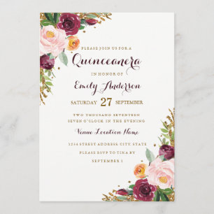 Carte Quinceanera Parties scintillant Florale Or B
