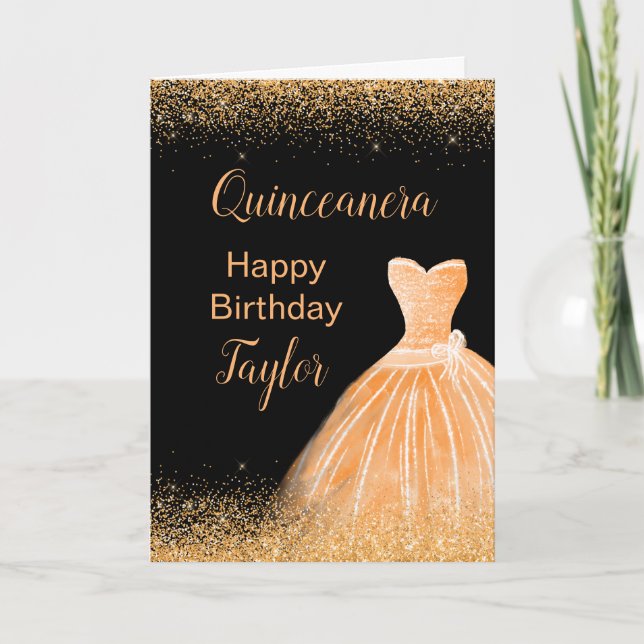 Carte Quinceanera Peach Orange Robe Faux Parties scintil (Devant)