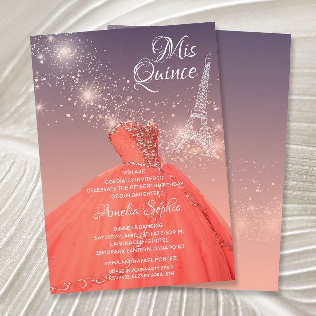 Carte Quinceañera Robe de corail Tour Eiffel (Créateur téléchargé)