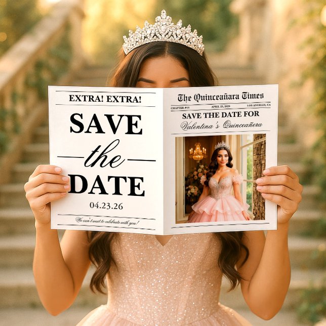 Carte Quinceañera Save the Date Newspaper Photoshoot (Créateur téléchargé)