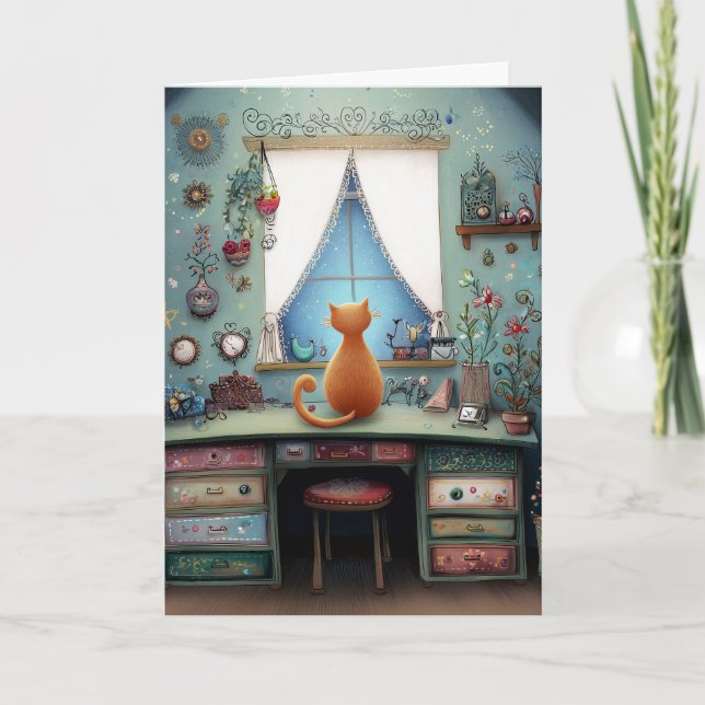 Carte Quirky Orange Chat à une fenêtre Bonjour Salut (Devant)