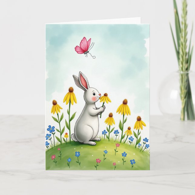 Carte Rabbit And Flowers Cute Scene Card (Devant)