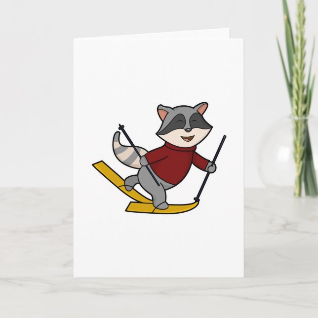Carte Raccoon en ski avec des pôles de ski et de ski (Devant)