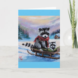 Carte Raccoon traîneau Scène d'hiver Blank Greeting Card
