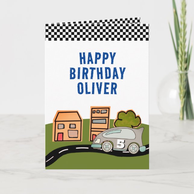 Carte Racing Car Road Maisons Nom Joyeux Anniversaire (Devant)