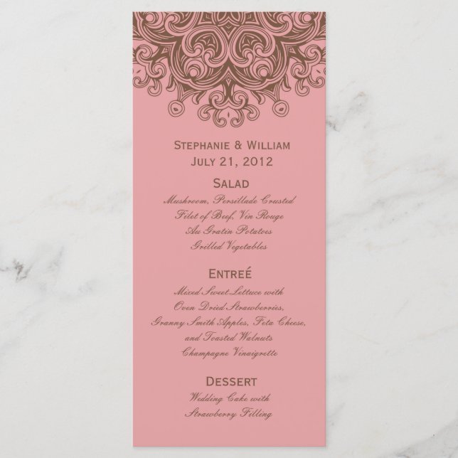 Carte rack de menu Mariage rose et Brown (Devant)
