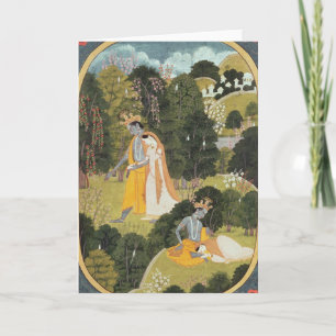 Carte Radha et Krishna marchant dans un verger