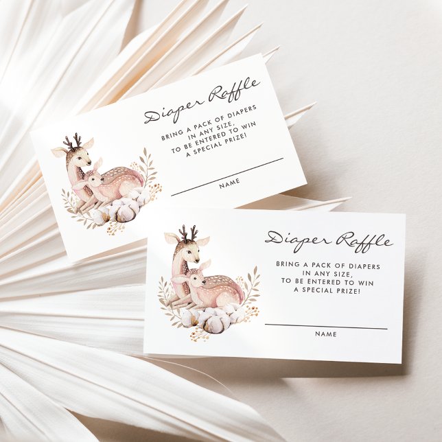 Carte Raffin de seins de bois de cerf de maman et  (Woodland theme diaper raffle card featuring watercolor mommy and baby deer and boho wreath.)