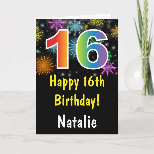 Carte Rainbow Fireworks colorée 16e anniversaire (Devant)