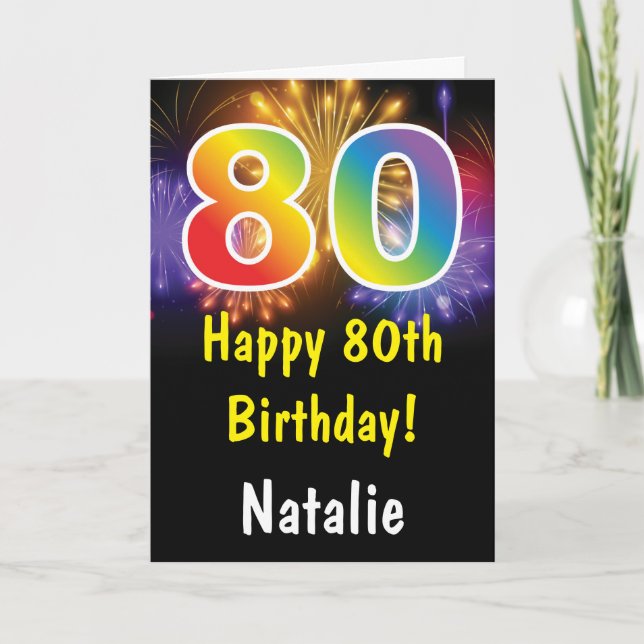 Carte Rainbow Fireworks colorée 80e anniversaire (Devant)