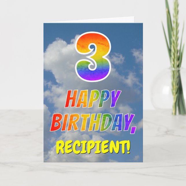 Carte Rainbow Look "3" & "HEUREUX ANNIVERSAIRE", Nuages, (Devant)