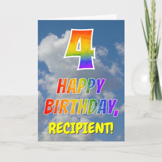 Carte Rainbow Look "4" & "HEUREUX ANNIVERSAIRE", Nuages, (Devant)