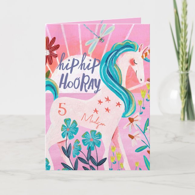 Carte Rainbow Unicorn âge personnalisé rose anniversaire (Devant)