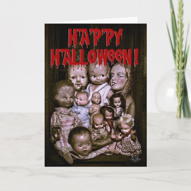 Carte Rassemblement de poupées déplaisantes d'Halloween. (Devant)
