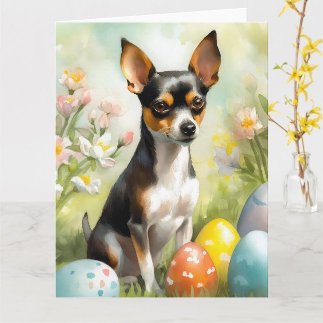 Carte Rat Terrier aux oeufs de Pâques (Fleur jaune)