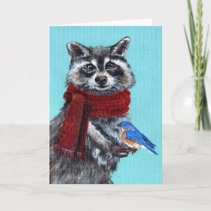 Carte Raton laveur d'hiver avec oiseau bleu