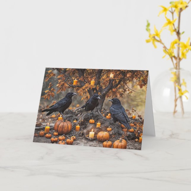 Carte Ravens Corbeaux avec bougies Citrouilles Edgar All (Fleur jaune)