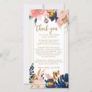 Carte Réception de mariage or Blush de la Marine Merci