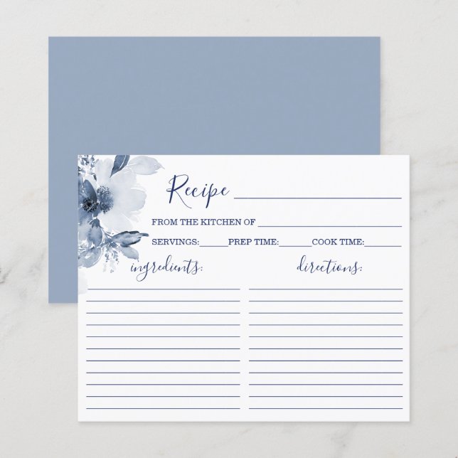 Carte Recette Fête des mariées Florale Bleue (Devant / Derrière)