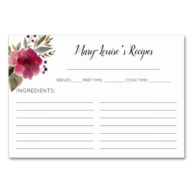 Carte Recette Fleurs d'Aquarelle Bourgogne (Devant)