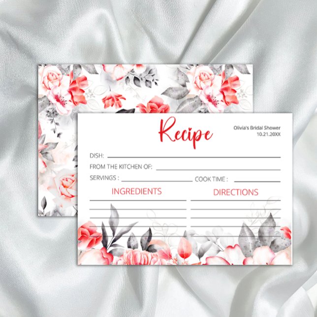 Carte Recette Fleurs d'aquarelle gris rouge (Créateur téléchargé)